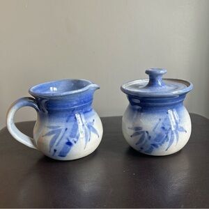 Blue & Grey Glossed Ceramic Cream and Sugar Bowls with Artisan Markings